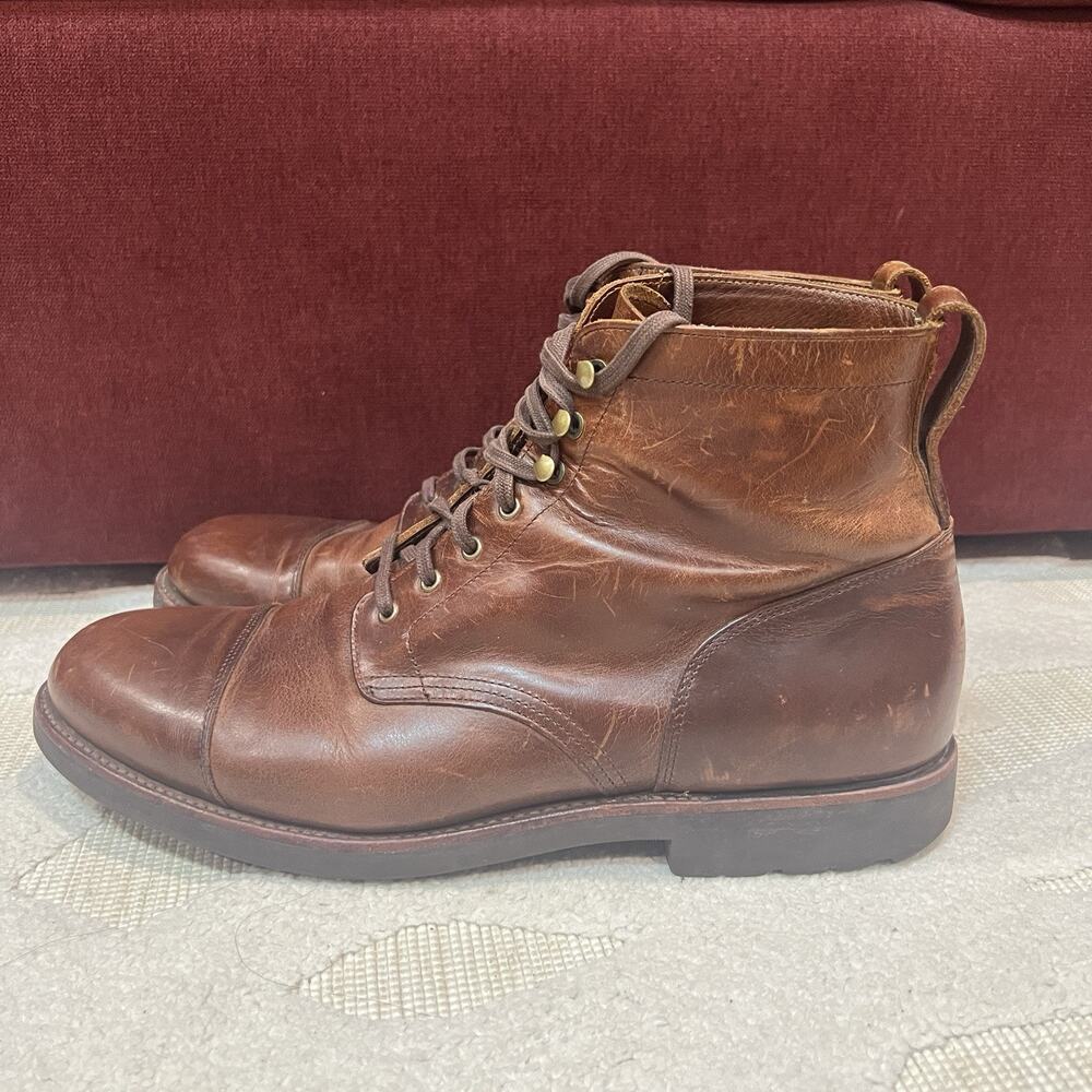 Men's J. Crew Kenton Leather Boots Cognac Brown Size 12 Cap Toe Military F4446